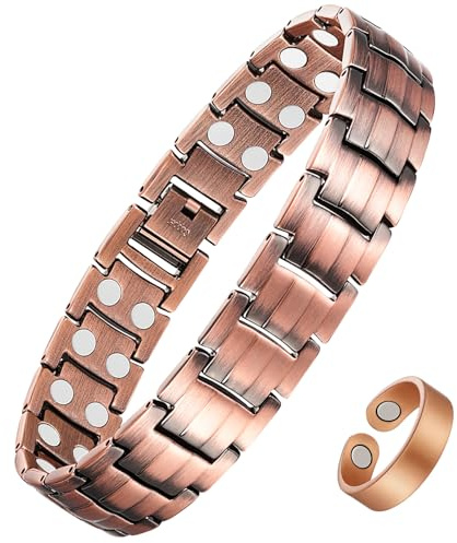 Jecanori 99.9% Copper Bracelet for Men with Ultra Strength Magnets,Effective Mens Magnetic Bracelet and Copper Ring,Adjustable Bracelet Length with Tools and Gift Box(Double row copper)