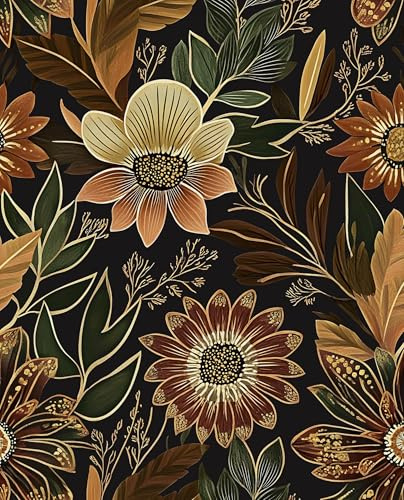 Laatse Boho Wallpaper Peel and Stick Dark Floral Wallpaper for Cabinet Vintage Contact Paper Waterproof Self Adhesive Removable Modern Wall Paper for Bedroom Stair Bathroom 17.5in x393in