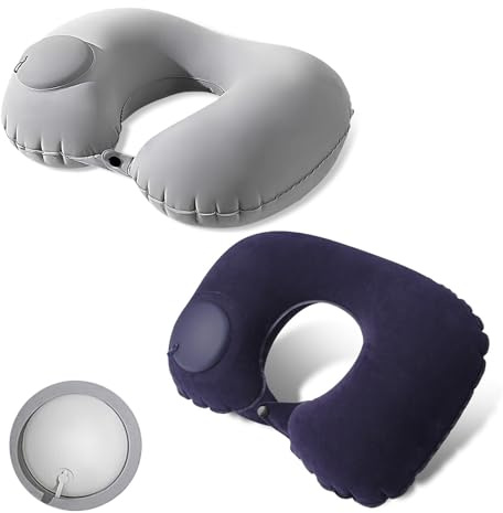 MXGHIR 2 Stück Nackenkissen Aufblasbar, Nackenkissen Flugzeug Aufblasbar Tragbar Aufblasbares Kissen U-förmiges Kissen für Flugzeu Reise Büro Zuhause (Grau, Dunkelblau)