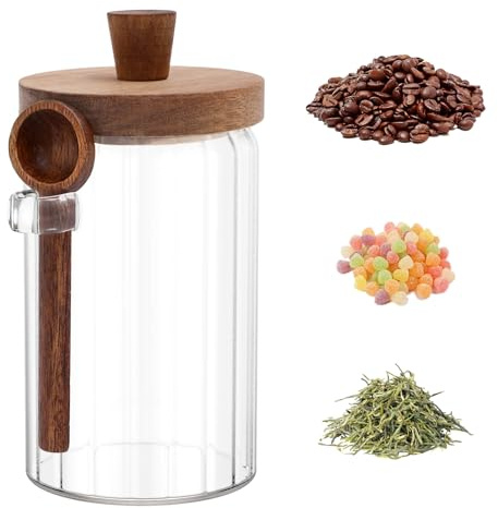 600/900 ml förvaringsburkar med lock, glaskök förvaringsburk med trälock, sked transparent mångsidig kaffebehållare lufttäta förvaringsburkar av glas för kaffebönor kryddor socker spannmål