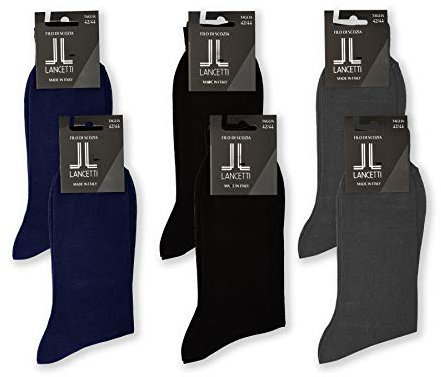 LANCETTI - 6 Paia di Calze Classiche Eleganti per Uomo in Pregiato Cotone Filo di Scozia, Blu Notte, Nero, Grigio Antracite, 42-44
