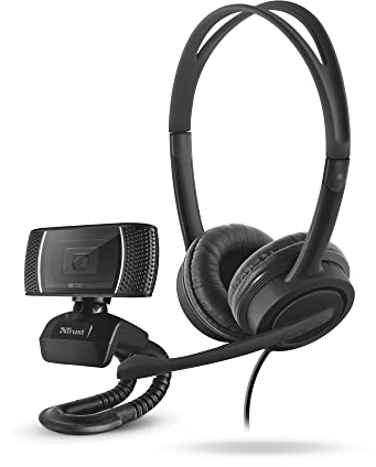 Trust Doba Auriculares con Cable USB y Webcam HD, Auriculares con Microfono y Control de Volumen, Cámara Web 720p con Botón de Foto para PC, Portátil, Oficina, Skype, Teams, Videoconferencia, Zoom