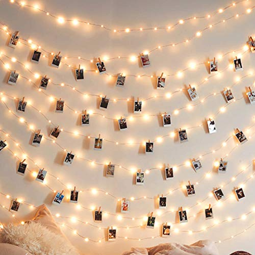 Photo Clip String Lights 17Ft - 50 LED Fairy String Lights with 50 Clear Clips for Hanging Pictures, Christmas Party Birthday Decoration - Perfect Dorm Bedroom Wall Decor Wedding Decorations