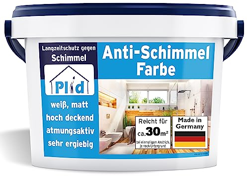 Plid® Anti Schimmel Renovierfarbe Innen Weiß 5L [FÜR ALLE WÄNDE] - Antischimmelfarbe für feuchte Räume, Bad & Küche - Wandfarbe weiß - Langzeitschutz gegen Schimmelbefall - Made in Germany