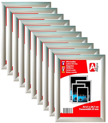 Albyco 10x Marcos Plegables A4, Clic Clac, Marco Intercambiable, Sistema Easy Click, Marco de Fotos, Formato A4, 29,7 x 42 cm, Ancho del Perfil 25 mm, Aluminio, Cristal Antirreflectante.