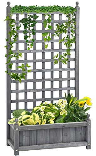 Outsunny Hochbeet Pflanzkasten mit Rankgitter Blumenkasten Rankkasten Rosenbogen mit Rankhilfe für Kletterpflanzen Garten Holz Grau 64 x 28 x 120 cm