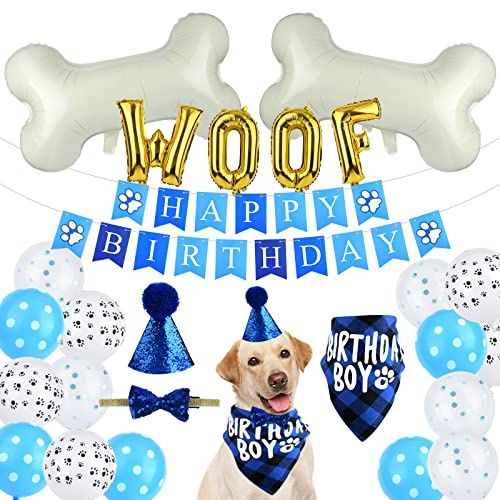 ASTARON Suministros para fiestas de cumpleaños para perros y mascotas, gorro de cumpleaños para perros con globos de hueso, pancarta de cumpleaños para mascotas, suministros para fiestas de cumpleaños