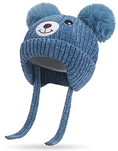 Kleinkind Süß Bär Wintermütze mit Ohrenklappen Baby Mädchen Junge Chenille Strickmütze Kinder Pom Beanie mit Bindebändern Ohrenschützer Hut Baby Verdicken Warme Plüsh Gefüttert Mütze 0-5 Jahre