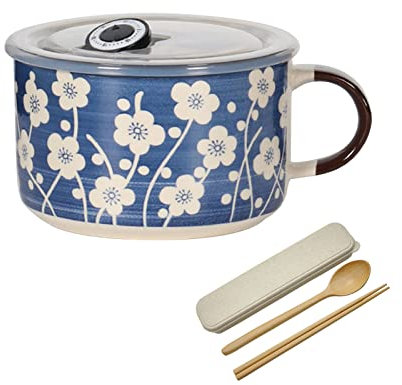 Ciotola for cereali, scodella for zuppa, ciotola for tè, ciotola for noodle istantanei in ceramica giapponese da 800 ml, a forma di tazza di porcellana con coperchio e manico, ciotola for cereali for