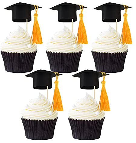 Gyufise 24Pcs 2025 Graduation Cap Cupcake Toppers With Gold Tassel - DIY Congrats Grad Picks for Graduation Theme Party Supplies