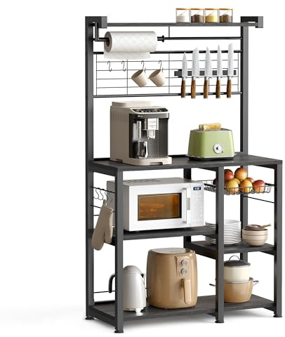 VASAGLE Kökshylla, Mikrovågsugnshylla, Kaffestation, 90 x 42 x 168 cm | I Stål och Spånskiva, med Magnetisk Knivlist, Trådkorg och Krokar, Grå ek och Matt Svart, BARNET Kollektion KKS026B42
