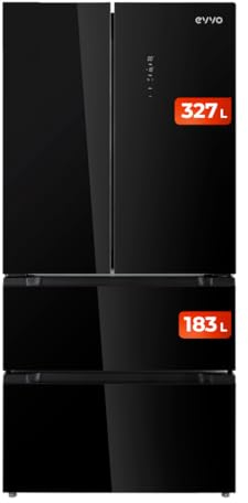 EVVO Frigorífico francés F80B Glass, 327l + 183l, Motor Inverter, Puerta de cristal, Total No Frost, Multi Air Flow, Freon Free, Negro