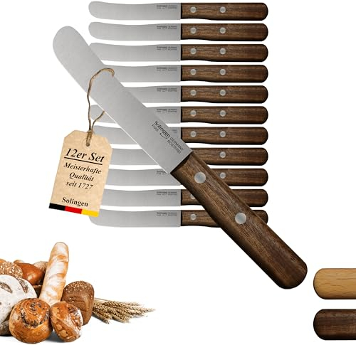 Solingen - Juego de 12 cuchillos de nogal (remaches huecos estables, cuchillo de desayuno, cuchillo para panecillos, directamente del fabricante & de fabricación propia, abrillantador
