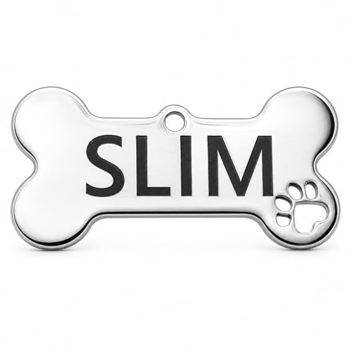 Personalised Dog Tags for Pets Engraved UK Prime - Choose Size - Choose Colour - Pet ID Tag for Dogs & Cats - Stainless Steel (SlimBonePaw-Silver)