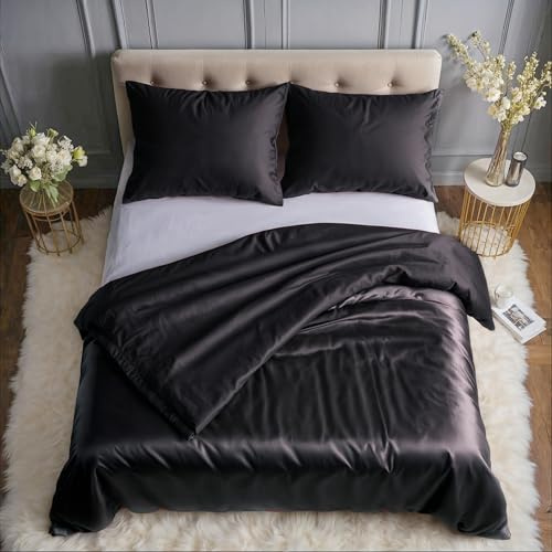 Cozyor Wende-Bettwäsche 200x200 cm glänzend matt, Satin & Mikrofaser, extra dick und weich mit robustem Reißverschluss, 1x Deckenbezug + 2X Kissenbezug 80x80 cm, 3-teilig, schwarz Eclipse