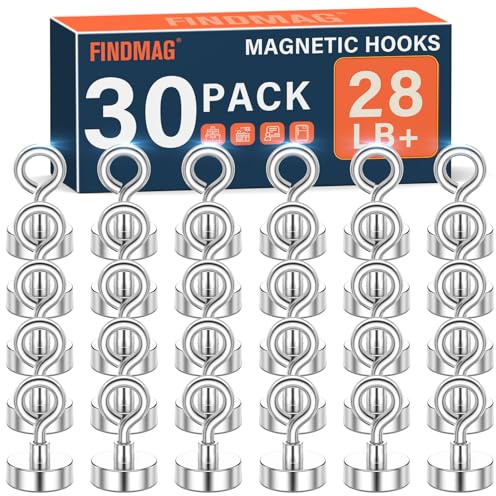 FINDMAG Magnetic Hooks, N52 Grade Magnets Heavy Duty with Hook, Sheep Eye Magnetic Hooks for Cruise, Locker Accessories, Office, School (28 lbs, Pack of 30)