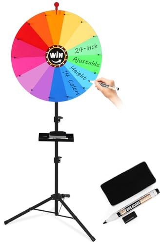 GADFISH Roue de la fortune tournante de 61 cm, hauteur ajustable de 94 cm à 165 cm, jeu de dessin tournant, roue de prix avec support, jeu de roue de la fortune, 14 couleurs