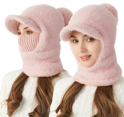 TAGVO Winter Strickmütze für Damen und Mädchen, Einteilige Warme Kapuzenschal-Mütze, Weiche Dicke Fleecegefütterte Sturmhaube, Winddichter Nackenwärmer und Ohrenschutzkappe für Outdoor-Sportarten