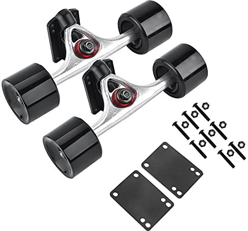 equlup Skateboard Wheel, 2Pcs Set Skateboard Truck with Skate Wheel Riser Pad Bearing Hardware Accessory Skateboard Hardware Combo Starter Kit for Skateboard (silver axis black wheel)