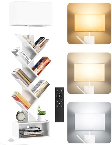 OUTONLIFE Petite Bibliothèque Arbre en Bois sur Pied avec Éclairage, Étagère à 6 Niveaux avec Télécommande et Minuteur, Meuble d’Angle pour Livres, CD et DVD, pour Salon, Chambre, Bureau (Blanc)