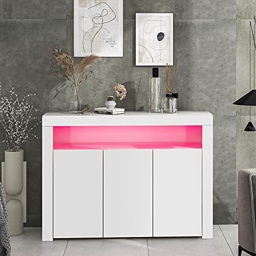 LANTRO JS Weiße Sideboard, Kommode Schlafzimmer, Weiße Kommode mit Schubladen, Sideboard-Vitrine mit LED-Leuchten, 95H x 130B x 35T cm