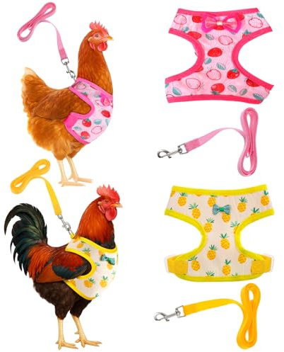 Lot de 2 harnais et laisse réglables pour poule - Gilet confortable et élastique avec imprimé fraise et ananas pour petits animaux de compagnie - Fournitures d'entraînement et de marche