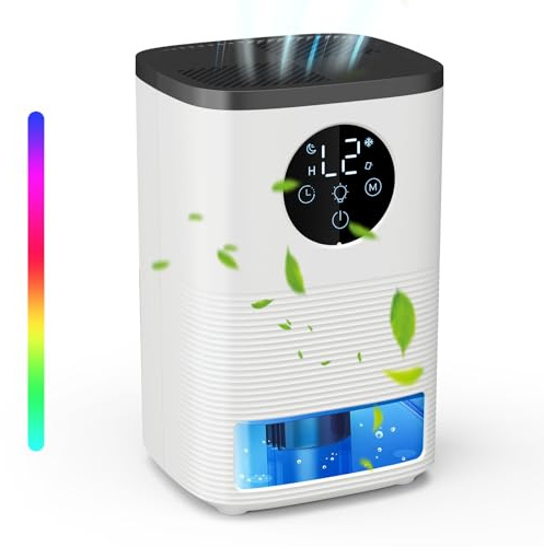 Dehumidifiers for Home, Lomffy 1400mL Dehumidifier for Bedroom with Auto Shut Off Portable Mini Dehumidifier with 7 Colour LED Light Electric Dehumidification with Timer & Auto Defrost for Bedroom