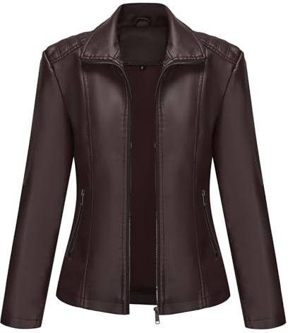 YYNUDA Leather Jacket Women Elastic Fabric PU Biker Moto Jacket Zip Up Solid Color Leather Standing Collar Motorcycle Coat Coffee XXL