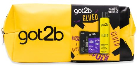 Got2b Glued Gift Set - Volumising Hair Powder, Blasting Freeze Hairspray, Eyebrow Gel & Brow Glue, 4-Piece Styling Kit with Travel Wash Bag