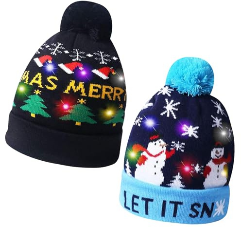 DIELIANHUA 2 Pièces Bonnet Noël, Bonnet Noel Lumineux, Chapeau Lumineux À LED, Chaud Chapeau Tricoté, Hiver Bonnets Beanie, Chapeaus de Noëls, Idéal pour Les Fêtes de Noëls Et Du Nouvel An/D