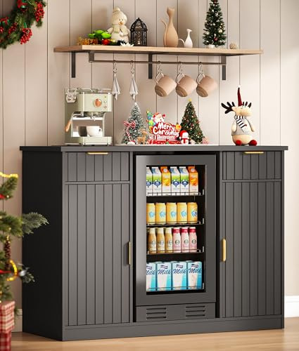 Lamtor 53 Fluted Coffee Bar Cabinet with Fridge Space - Wine Bar Cabinet with Drawer & Door Storage, Mini Fridge Stand with Power Outlet for Kitchen Dining Room, Black