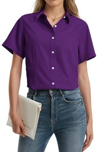 Stamain Camisa Púrpura Mujer Manga Corta Formal Elegante Slim Fit Oficina Trabajo Blusa con Botones Básica de Verano para Señora Fiesta M