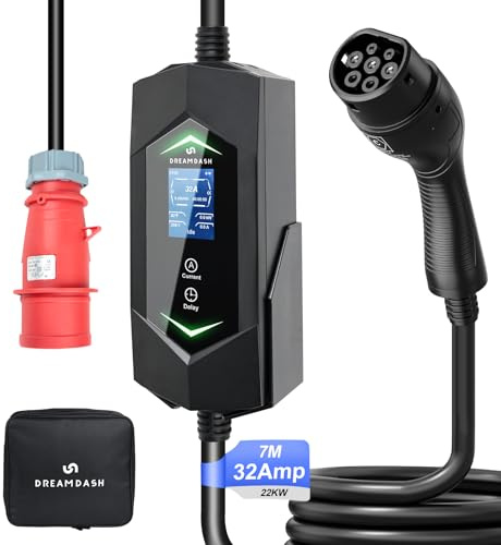 Colonnina Ricarica Auto Elettrica 22kW Trifase, Tipo 2 a CEE 32A 5 pin, Cavo 7m, Wallbox Caricatore Regolabile 6-32A 1-12 Ore, IP65, -30 ℃ a 50 ℃, Carica Batteria Portatile per BEV & PHEV