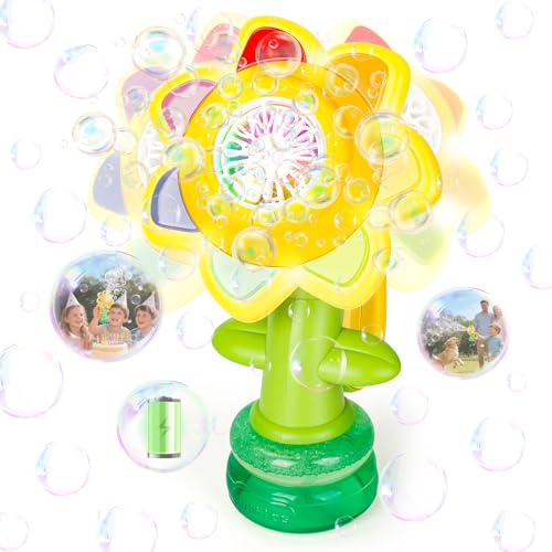 JoiTale Seifenblasenmaschine für Kinder, Wiederaufladbare Tanzende Sonnenblumen-Seifenblasenmacher mit LED-Licht, Automatischer Seifenblasenbläser mit 3 Modi, luftblasen Maschine für Party Geschenk