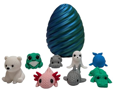 Spiral Egg with 8 Knitted Land & Forest Friends or 8 Ocean & River Creatures. Choice of egg colours. Red/Blue or Green/Blue (Knitted Ocean & River Creatures)