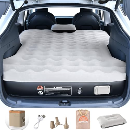 Coverado Tesla Model Y Air Mattress, One Click Self Inflating Tesla Y Sleeping Pad, Wireless Pump & Light Function, 4.5 Thick Comfort Flocking Model Y Air Bed, Tesla Model Y Mattress Fit 2020-2026
