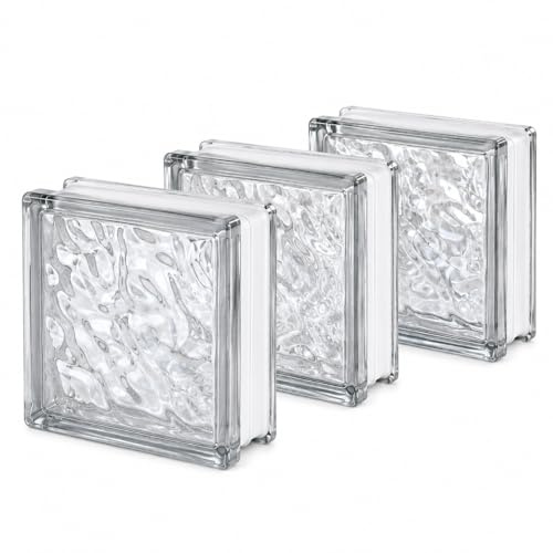 Vetromattone Ondulato Trasparente 19x19x8 cm Set 3 Pezzi Blocco in Vetro per Pareti Divisorie Interni ed Esterni Design Luminoso LEMAG SRL