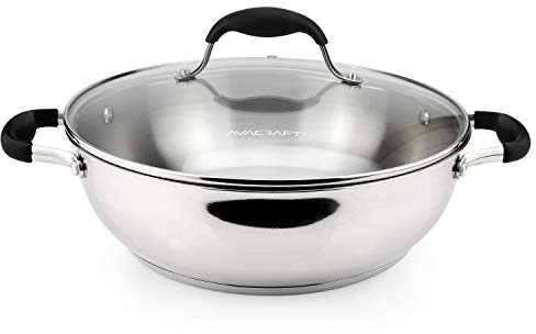 AVACRAFT 18/10 Stainless Steel Everyday Pan, Stir Fry, Five-Ply Base, Glass Lid, Multipurpose Stewpot Skillet, Saute, Casserole (11 Top Diameter, 8 Base Diameter)