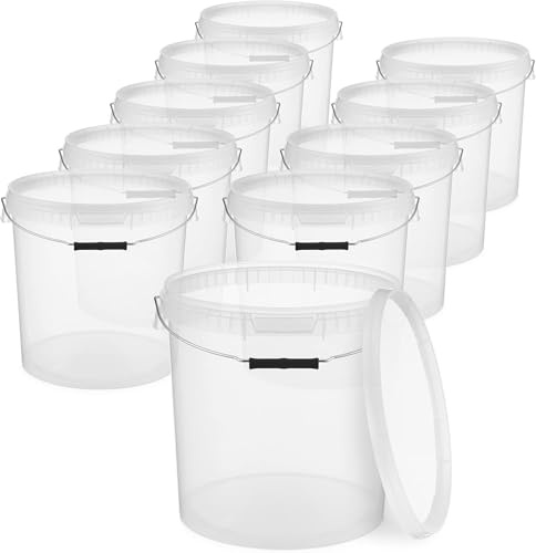 BenBow Eimer mit Deckel 20l transparent 10x 20 Liter - lebensmittelecht, stabil, luftdicht, auslaufsicher - Vorratsbehälter für Aufbewahrung aus Kunststoff, mit Metall-Henkel - leer