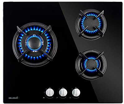 BELDEKO - Plaque de cuisson Gaz verre noir 3 foyers - Puissance 6100 W - Gaz ville et bouteille - grilles en fonte