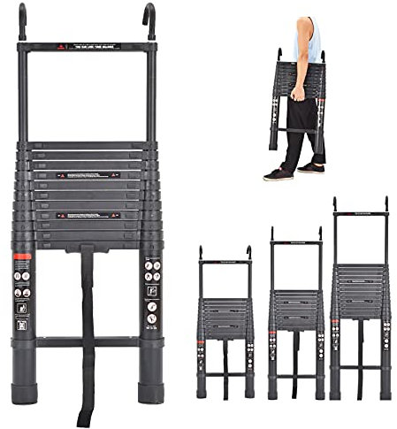 6.2M / 20.34FT Telescopic Extension Ladder with Detachable Hooks, Extendable Folding Aluminum Ladder for Home Indoor Outdoor DIY Projects, 330lbs Max Load, Weight 36LB, Black