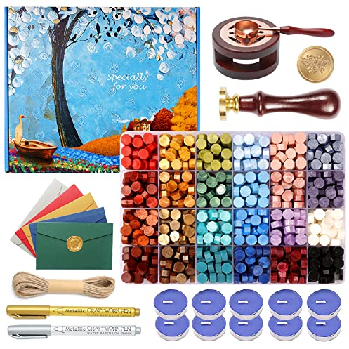 Comealltime Wachssiegel Stempel Set, 630 Stück Wachssiegelperlen Siegelwachs Set mit Biene Siegelstempel, Siegelwachswärmer, Schmelzlöffel, Teelichte, Umschläge, Metallic-Stifte DIY Hochzeit Einladung