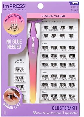 KISS imPRESS Falsies Self Adhesive Eyelashes, Press On Lashes, 12mm-14mm Glam Volume Lashes, Black, No Glue Needed, Invisible Band, 36 Lash Clusters & Non-Stick Applicator - Voluminous