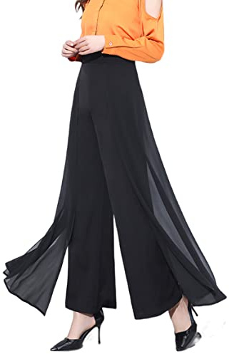 Double Plus Open Womens Chiffon Wide Leg Dressy Pants Flare Palazzo Elastic Waist Trousers Black Side Flare 10