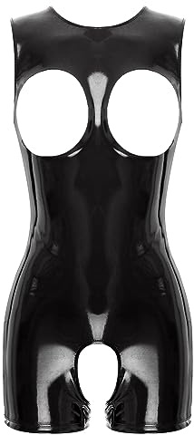 inlzdz Tuta Intera da Donna in Pelle Verniciata Body Aperto Wetlook Leotard Babydoll Bodysuit Camicia da Notte Costume Discoteca per Feste Carnevale Nightwear Nero M