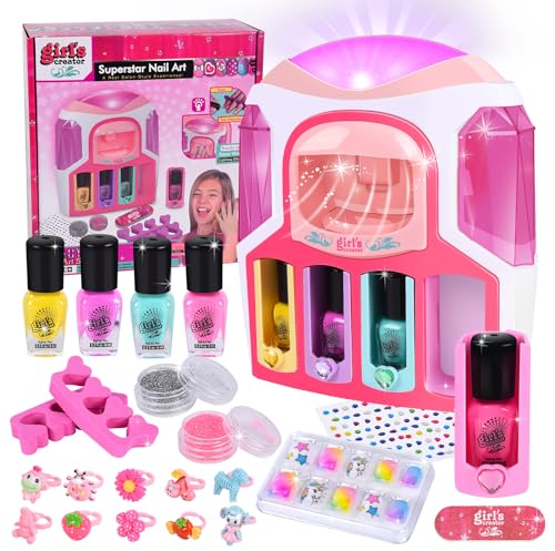 Herenear Kinder Nagellack Set für Mädchen, Nagellack Kinder Set mit 2 in 1 Nageltrockner, Nagellack, DIY-Aufkleber, Glitzerpulver, Ringe, Nagelstudio Weihnachtsgeschenk für Mädchen im Alter von 6-12