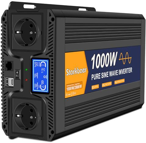 Starkbaer 1000w/2000w convertisseur 12V 220V 230V Pur Sinus onduleur transformateur, 2 Prises EU AC, 2.4A USB, 5M télécommande et écran LCD pour Voitures, Bateaux, camions(1000W12V)