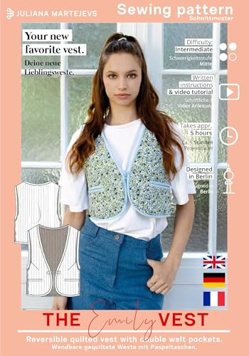 JULIANA MARTEJEVS Patrón de costura para chaleco reversible (talla XS-XXXL) con patrón de corte de papel con instrucciones de costura para acolchado y costura