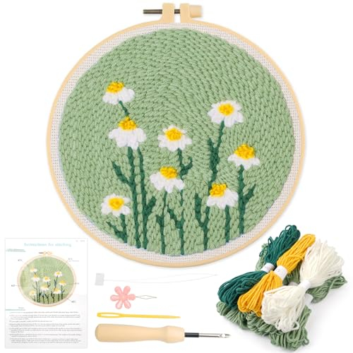 Punch Needle Blumen Stickerei Set Anfänger für Anfänger, Starter Stanznadelstoff Muster Embroidery Set, Stickset Erwachsene, Cross Stitch Kit mit Stickrahmen, Anleitung und Werkzeuge für DIY Kunst