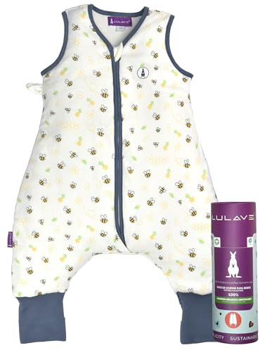 LULAVE Saco de dormir bebe - Saco dormir bebe - Entretiempo - Ideal Otoño - Invierno y Primavera,100% Algodon organico (Gots). Oeko-Tex 100 Modelo Abejitas, con pies y calcetines. Talla de 1 a 2 años